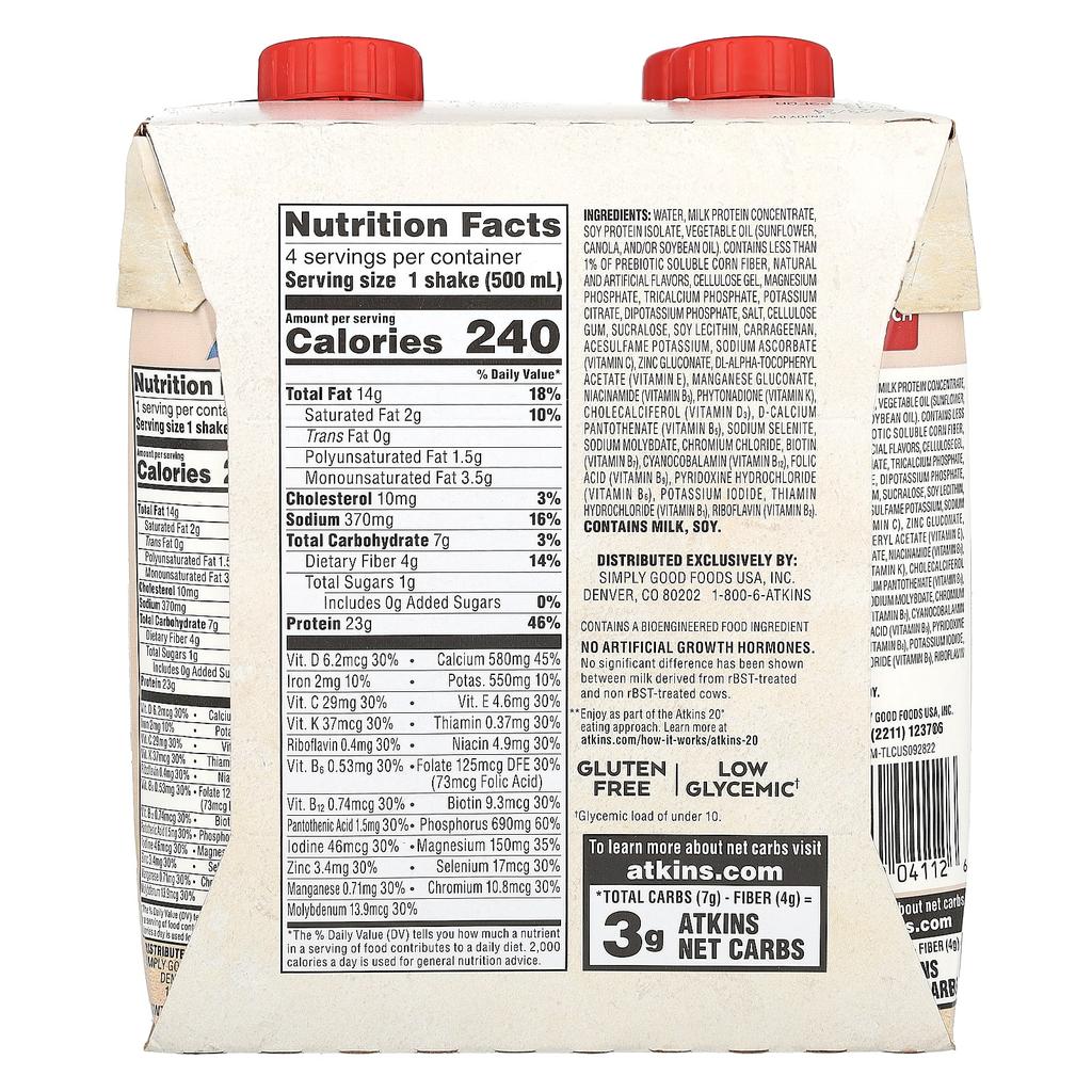 Atkins Protein Rich Shake, Vanilla Cream, 4 Packets, 16.9 Fl Oz (500 Ml) Each
