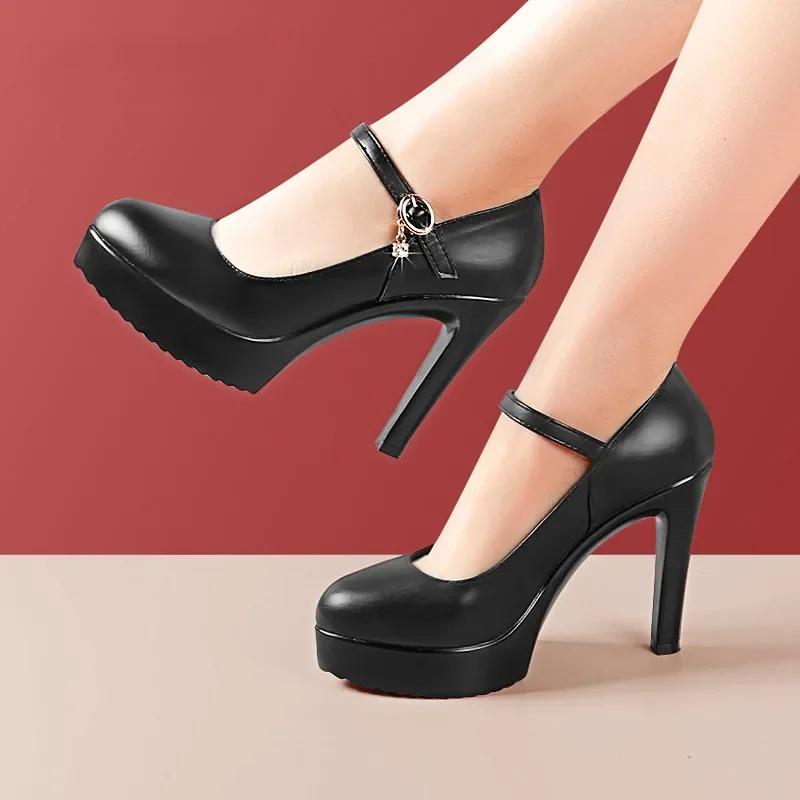 7 9 11 13 Small Size 32-43 Shallow Thick Bottom Genuine Leather Shoes Platform Pumps 2025 Block High Heels Shoes Model Office