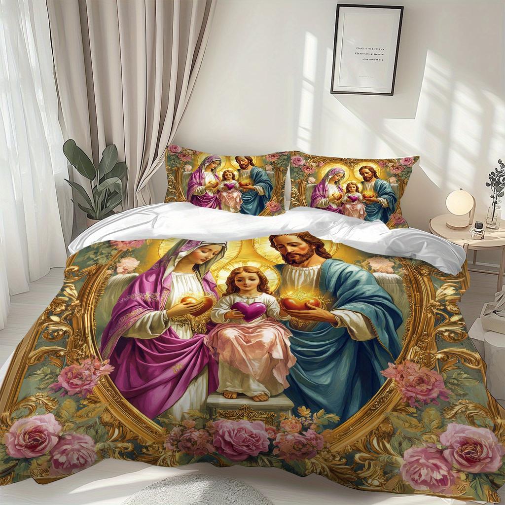 Latacaca 3 предмета Комплект пододеяльника «Святое Семейство» Розовые розы и золотая рамка Комплект постельного белья высокой четкости Для дома, для спальни