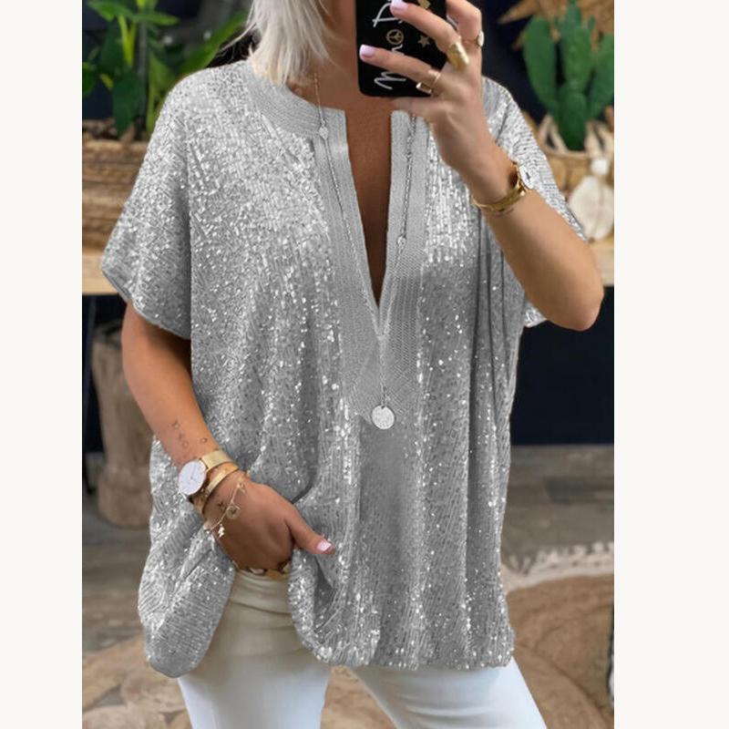 Женские клубные вечерние топы, летняя блузка, модные повседневные рубашки с блестками и V-образным вырезом, с короткими рукавами