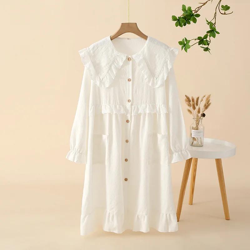 Новое весенне-летнее женское длинное платье из 100% хлопка, ночное платье с длинным рукавом, свободное милое детское домашнее платье с воротником, одежда для сна