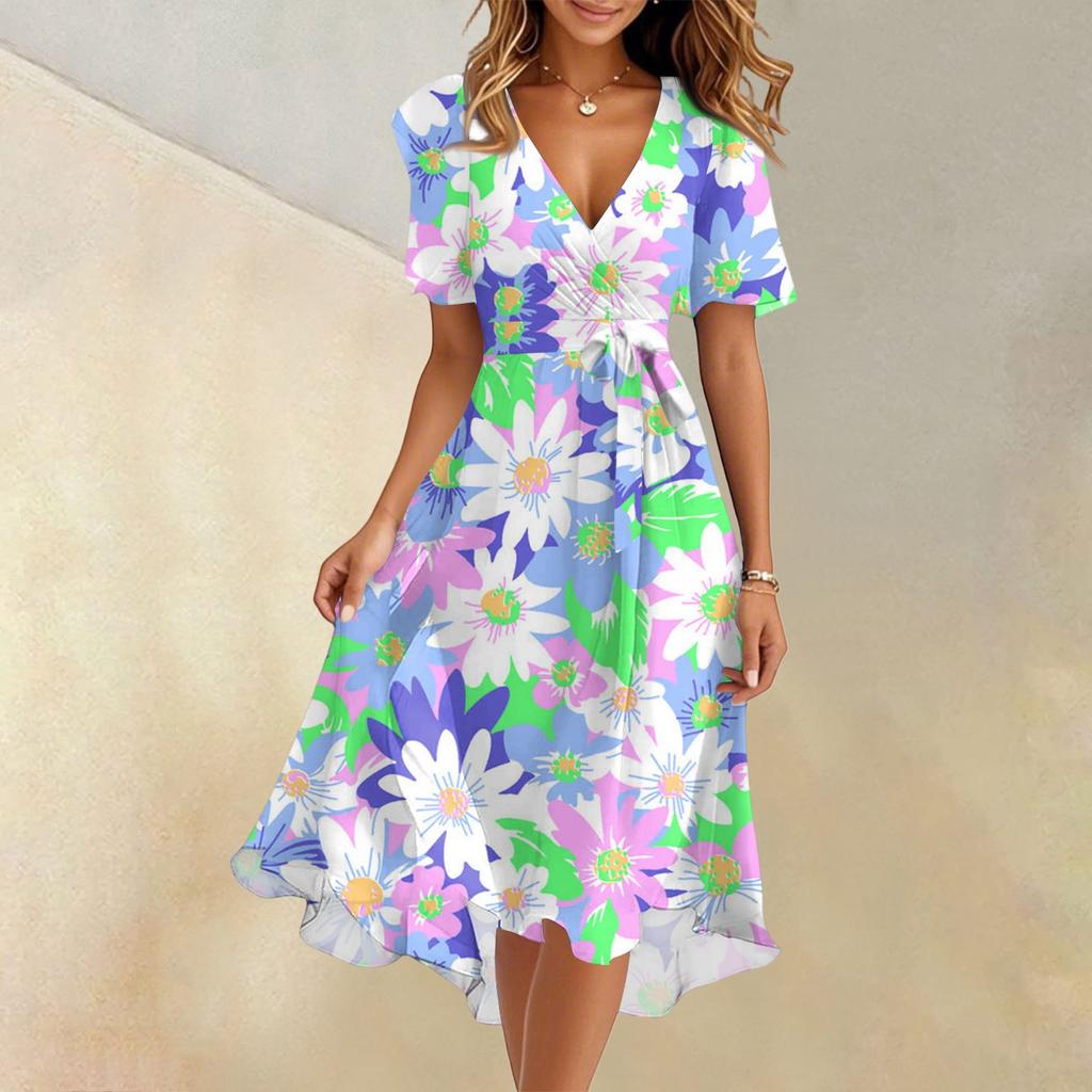 Women's Summer Fashion V-Neck Flared Dress Short Sleeve Floral Dresses