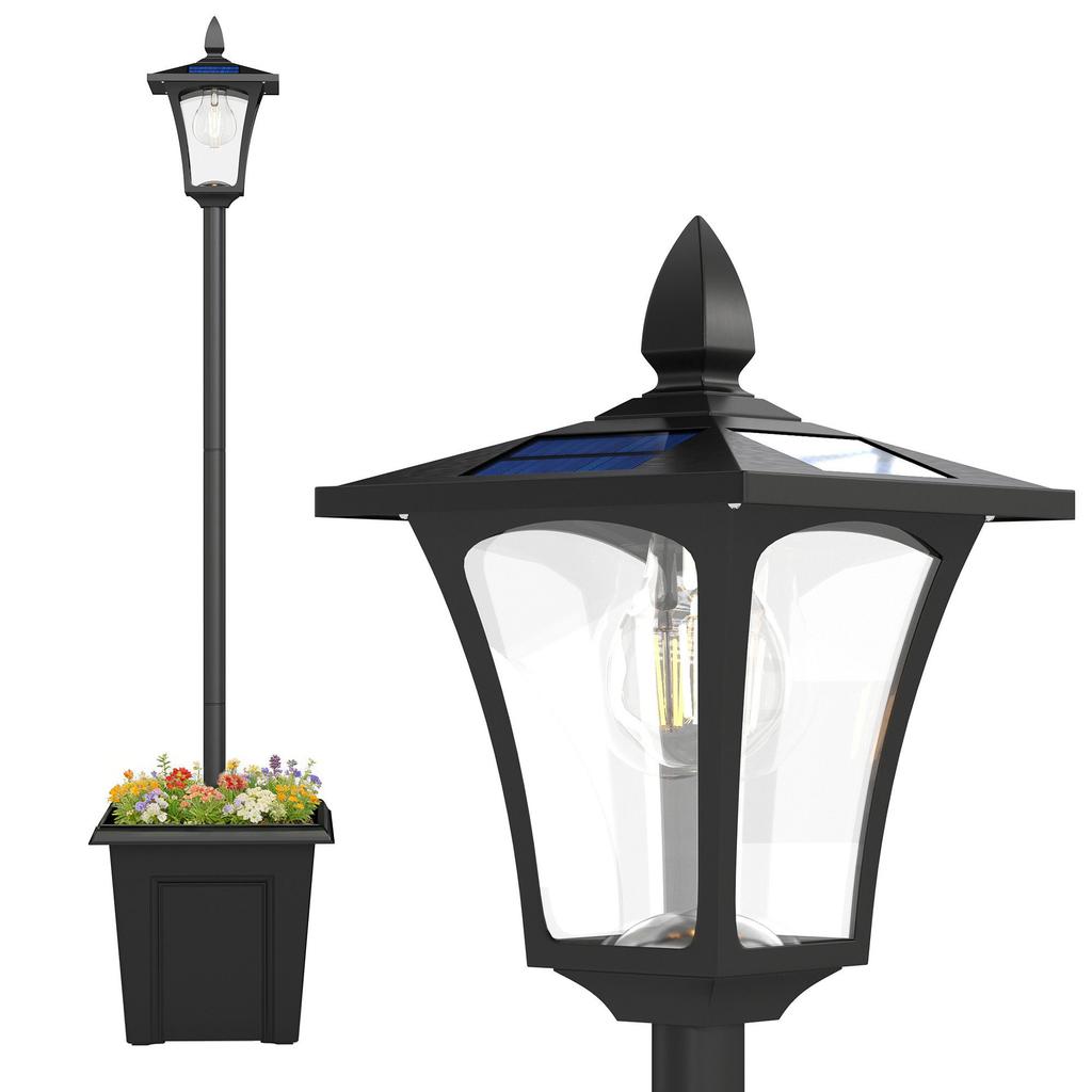 Garden Solar Lamp Post Light, Waterproof LED Solar Light Post with Planter, Black