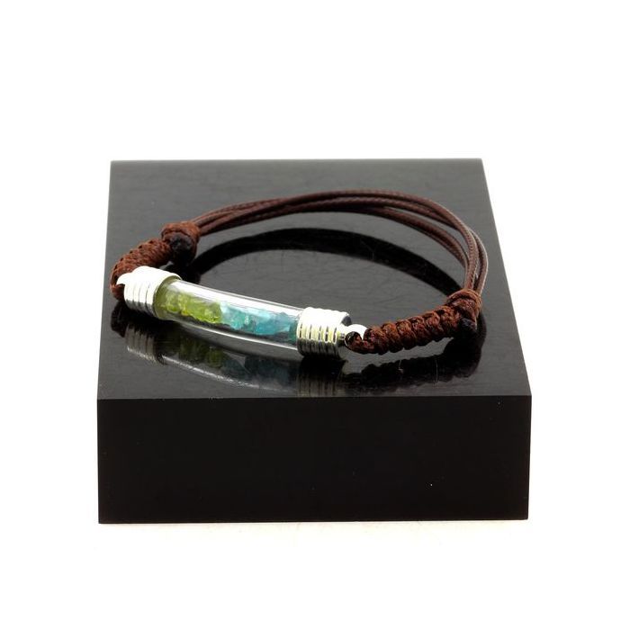 Pierres et Minéraux. Bracelet Peridot + Apatite Paraiba brut. Couleur marron.