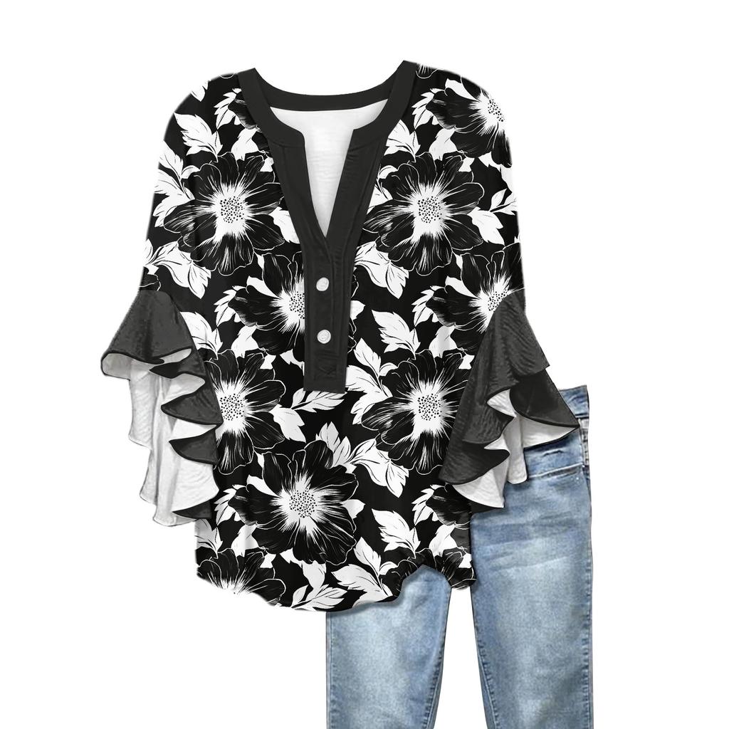Летние топы для женщин, симпатичные блузки с V-образным вырезом и рукавом 3/4, повседневные рубашки с цветочным принтом