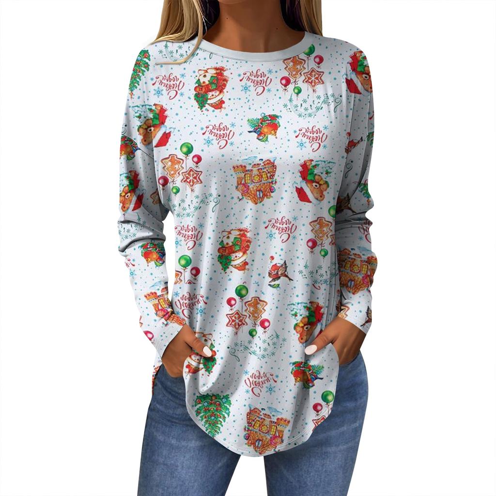 Женская модная повседневная футболка с круглым вырезом и длинным рукавом с рождественским принтом
