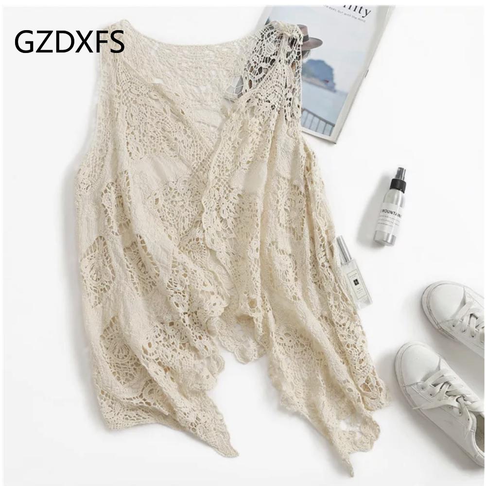 Outside Take Thin Sleeveless Lace Cardigan All-match Shawl Beach Clothes Sunscreen Clothes Women Hollowed Out Air Conditioning Shirt Tide