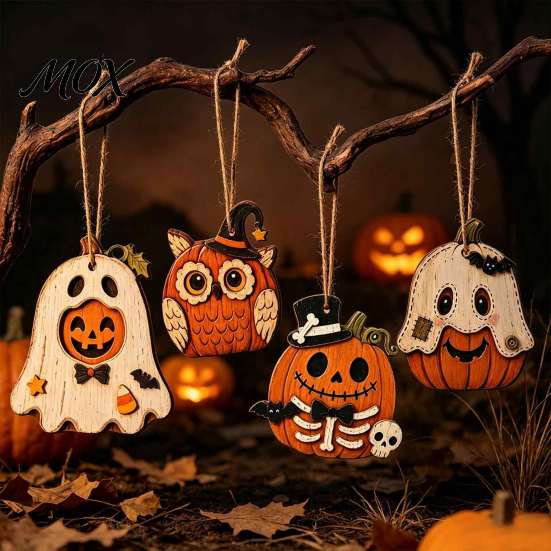 Cute Pumpkin Hanging Decorations Vintage Halloween Wooden Ornaments, Rustic Owl Ghost Farmhouse Seasonal Party Ornaments Tree Decoration with Rope for