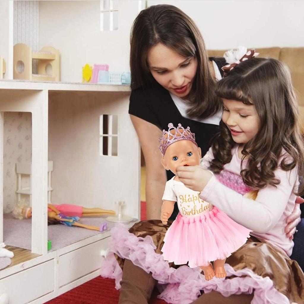 Набор из 3 кукол на день рождения, розовые аксессуары для одежды, включая юбку, комбинезон, повязку на голову для куклы для новорожденных 43 см/17 дюймов (Нет куклы)
