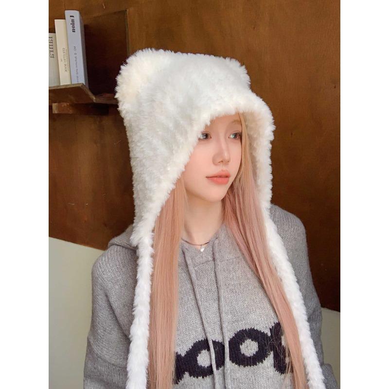 Bear Ears Woolen Knitted Hat for Women In Winter Showing Face Small Plush Cute Ear Protection Warm Big Headband Cold Hat