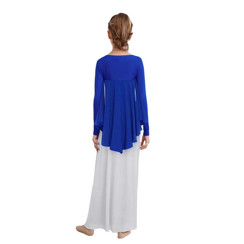 Топ для выступлений для девочек, стиль с открытой передней частью, неровный подол, болеро с крыльями ангела, соревновательный наряд