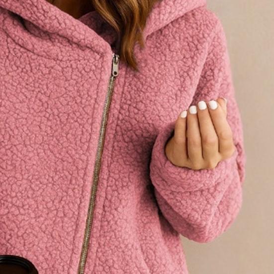 Women's Fleece Jacket Oblique Zip Up Long Sleeve Sherpa Coat Fuzzy Hooded Jacket