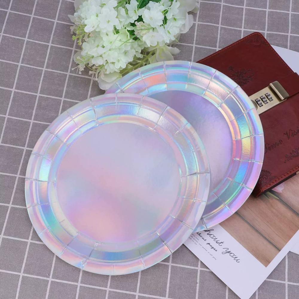 Радужный декор для вечеринки Розовый радужный декор для дня рождения Бумажная тарелка, стаканчик, скатерть, голографическая металлическая тема русалки, товары для дня рождения, на 24 персоны