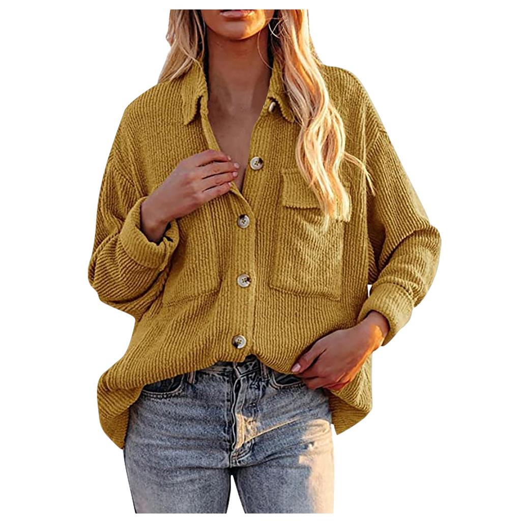 Women's And Winter Loose Corduroy Lapel Double Pockets Long-Sleeved Shirt Jacket