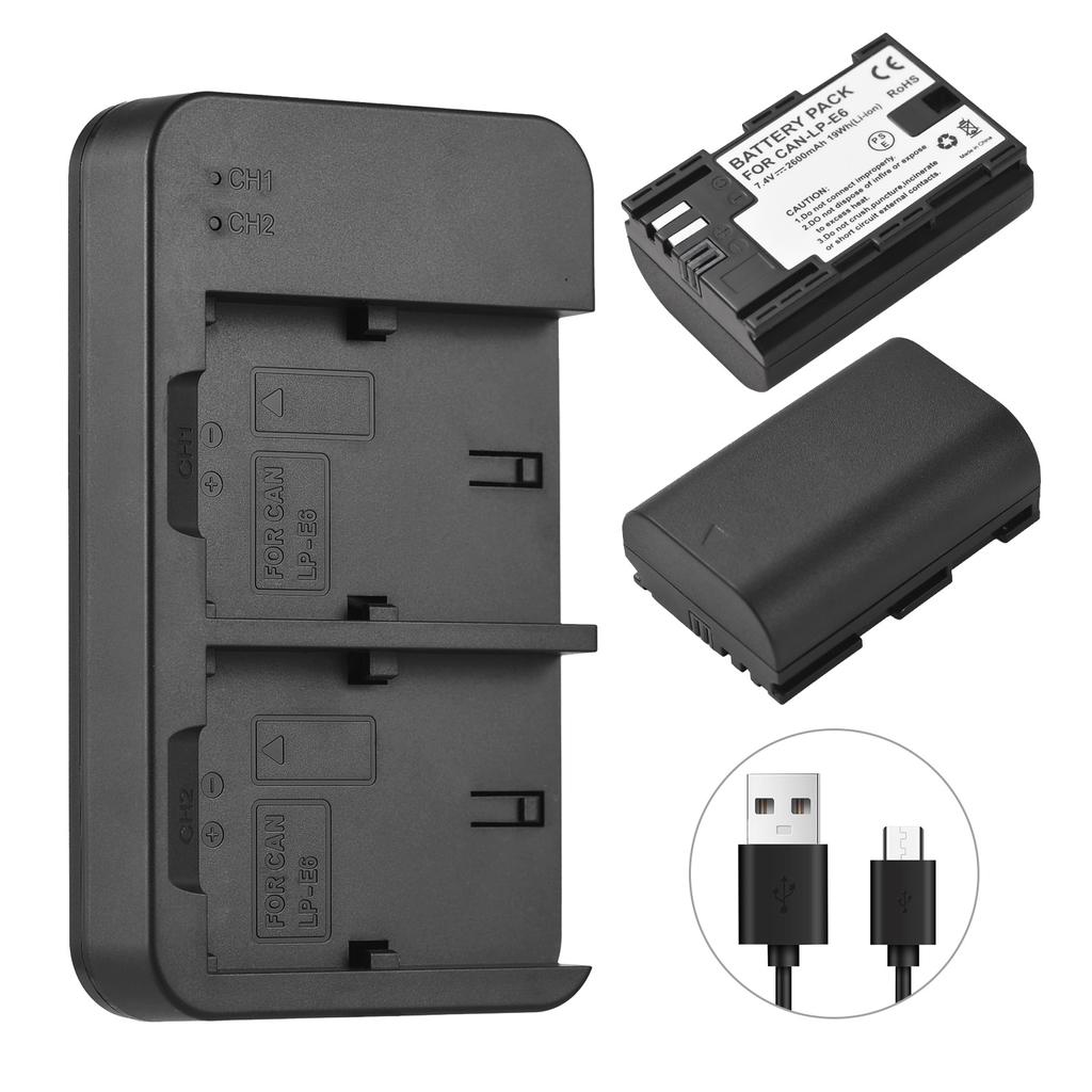 Camera LP-E6 LP-E6N Battery & Charger Kit with 2-slot Battery Charger + 2pcs LP-E6 Batteries 7.4V