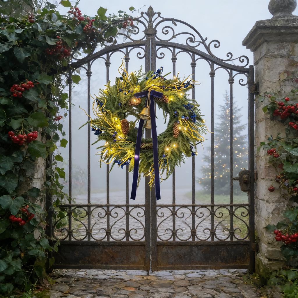 3D 55CM Simulated Needles Norfolk Blue Bell Wall Hanging Christmas Door Hanging Wreath Decoration