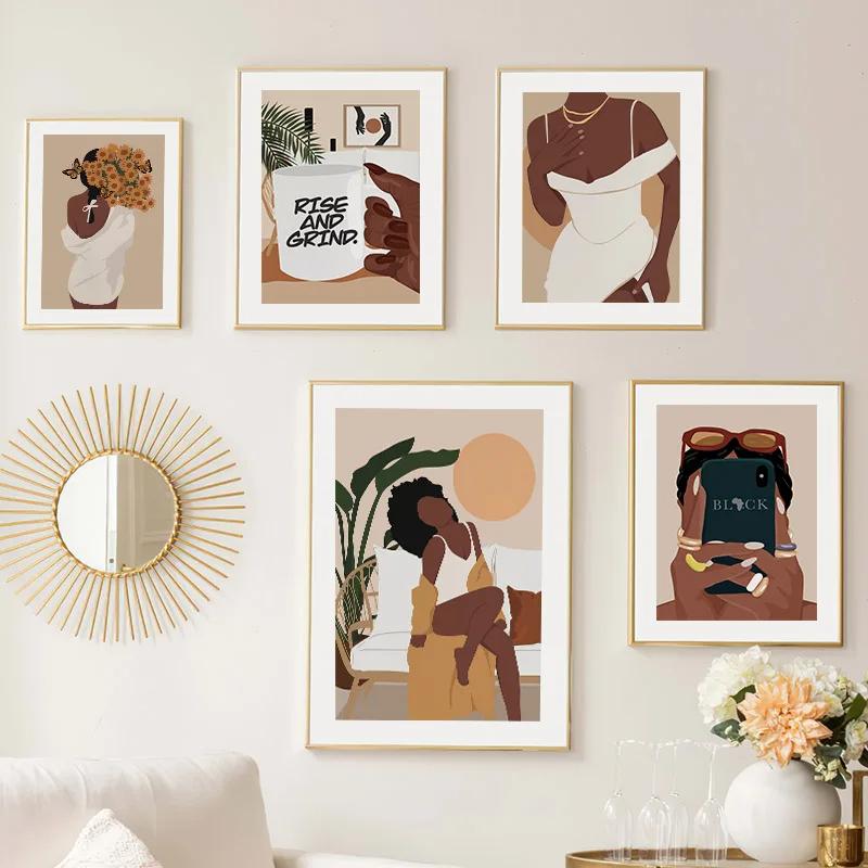 Fashion Black Woman Girl Beautiful Gold Ring Necklace Nordic Posters And Prints Canvas Painting Wall Art Living Room Home Decor