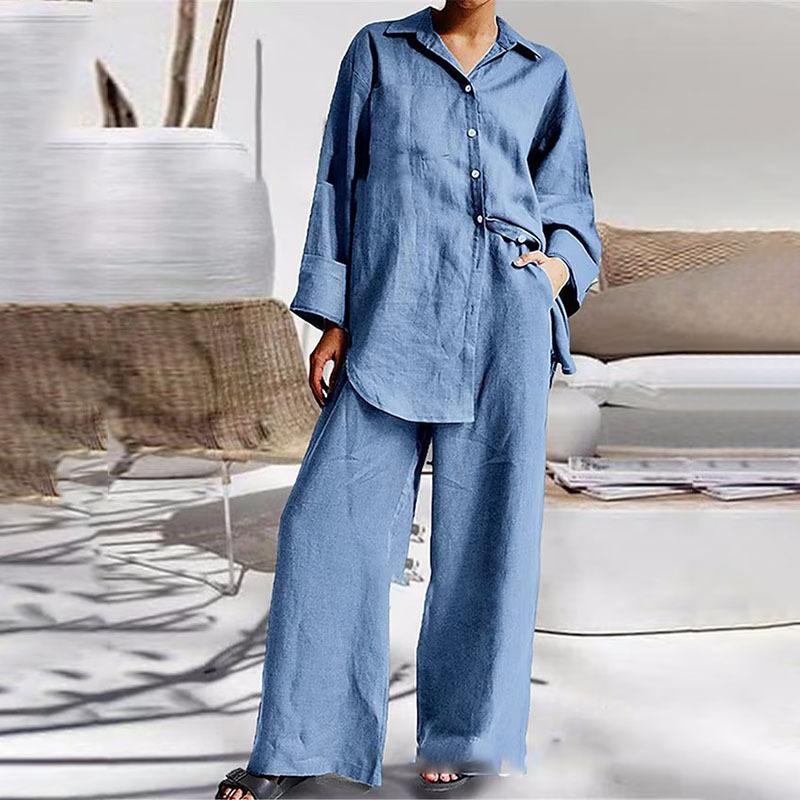 Women's Cotton Set Suit Casual Lapel Shirt Top Blouse Loose Trouser Two-piece Set For Women Elegant Outfits Pants Women's