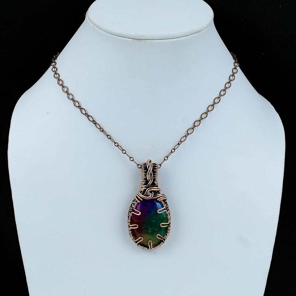 Радужный солнечный кварцевый кулон-друзи, медная проволока, кулон, кулон ручной работы, ювелирное изделие из драгоценного камня, подарок для мамы, очень красивые медные украшения