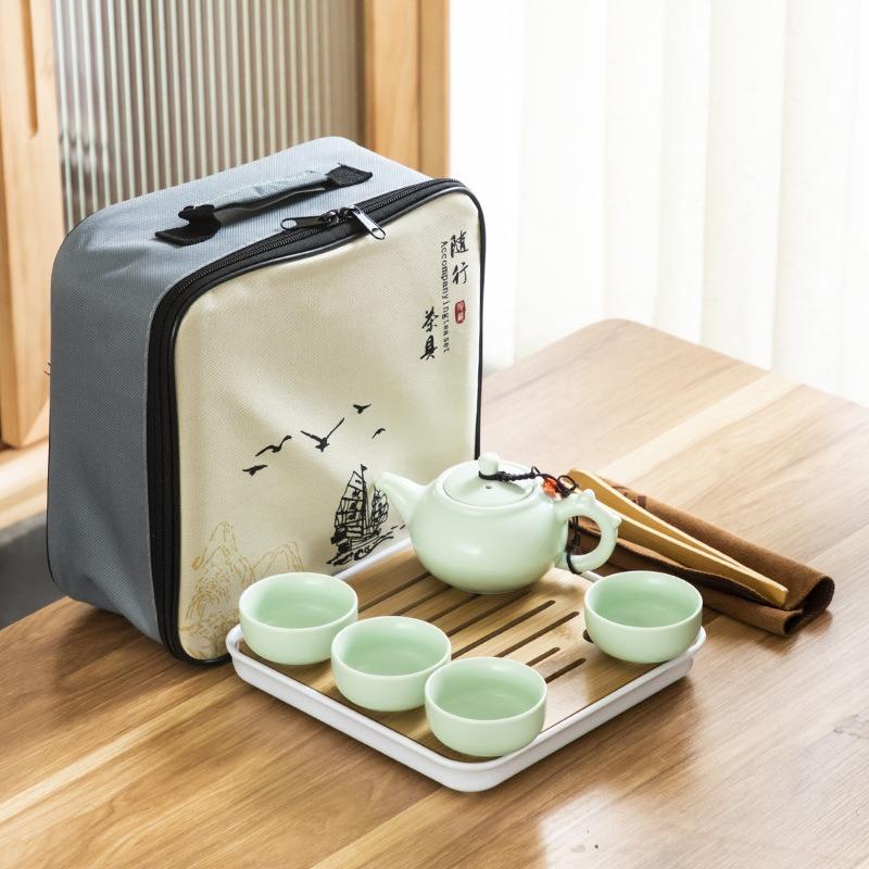 Outdoor portable travel kung Fu tea set, ceramic tea ware, one pot and four cups complete set