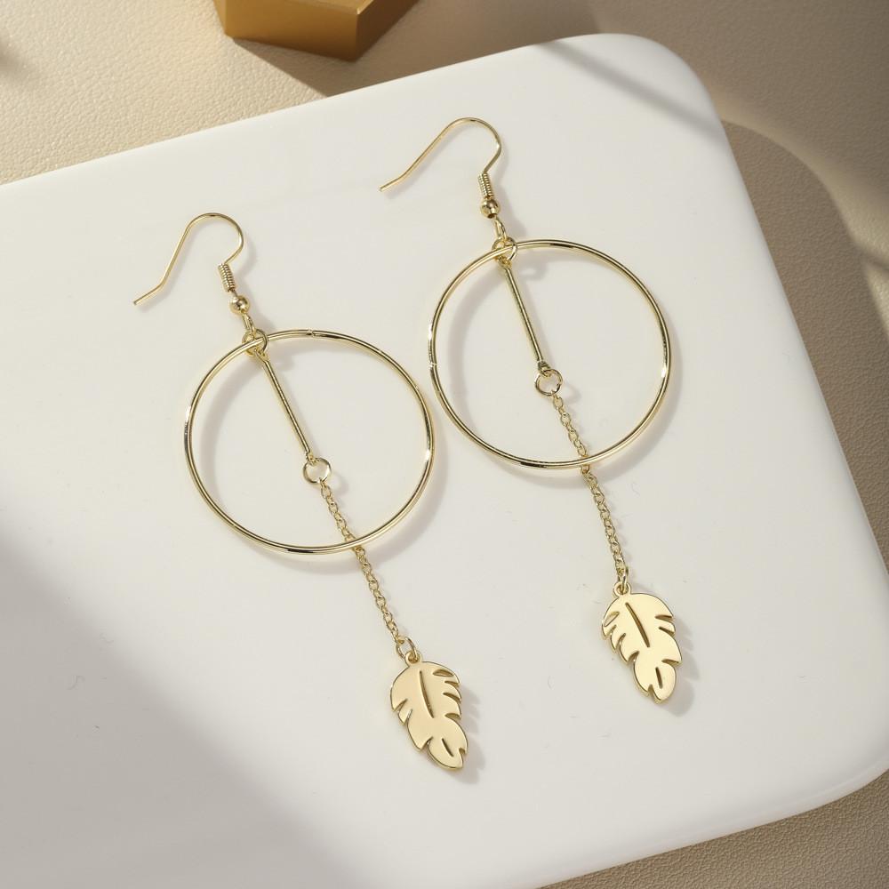 Oversized Stainless Steel Earrings With Leaf Feather Tassels Geometric Design