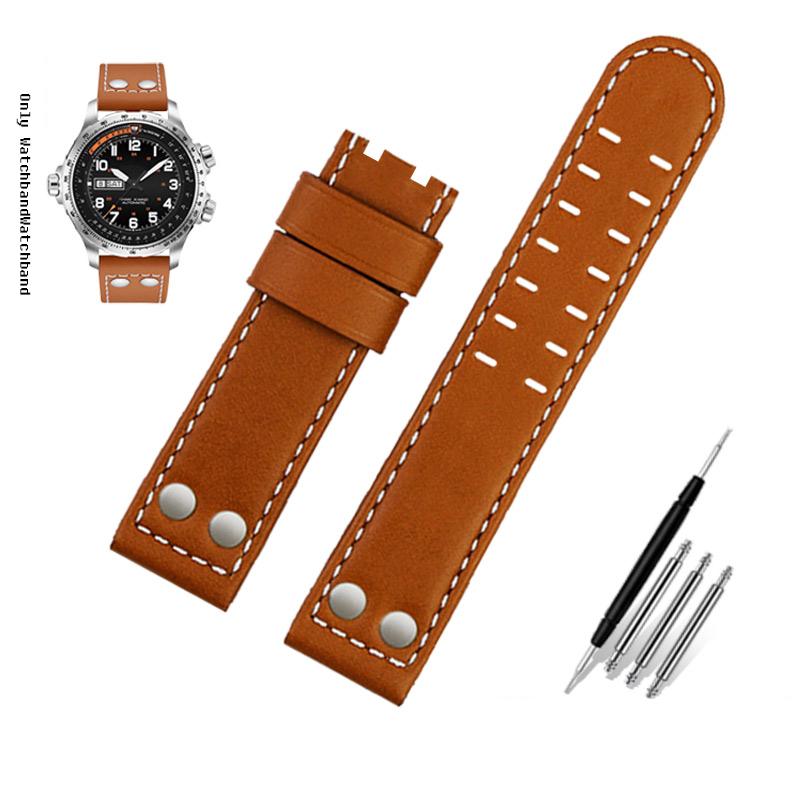 Для ремешка часов Hamilton Khaki Aviation H77616533 H760250 Field Мужской Натуральная кожа Заклепка Браслет для часов 20 мм 22 мм Коричневый