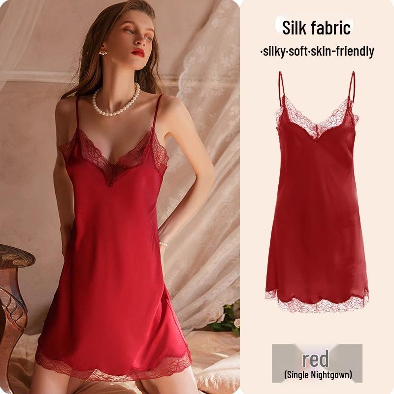Высококачественная летняя ночная сорочка из кружева и ледяного шелка для женщин - стиль Pure Desire с нагрудными вкладышами, доступна в больших размерах
