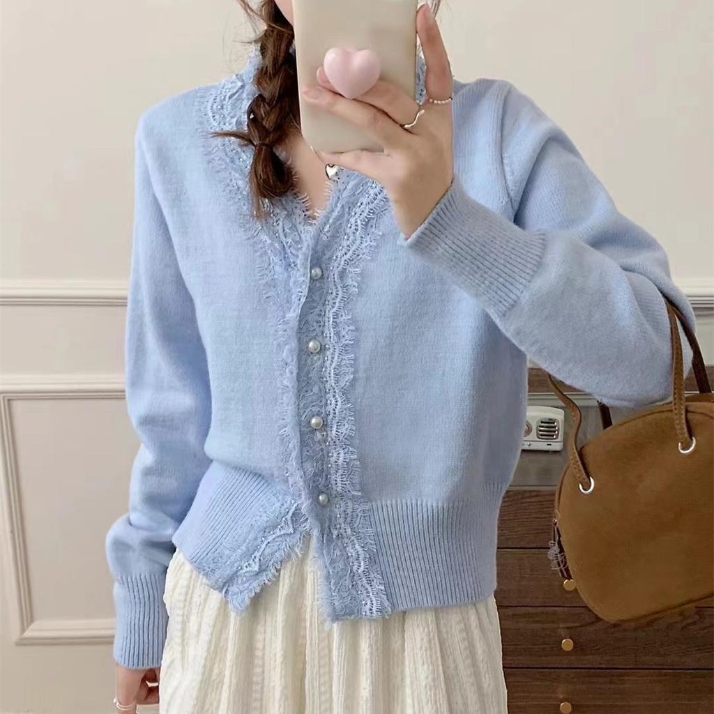 Women's Autumn and Winter Sweet V-neck Lace Knit Cardigan Sweater