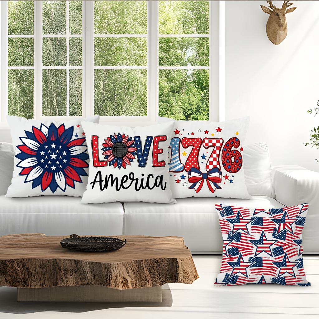 4Pcs Red White Blue Independence Day Print Single-Sided Cushion Cover For Living Room Bedroom Car Home Decor