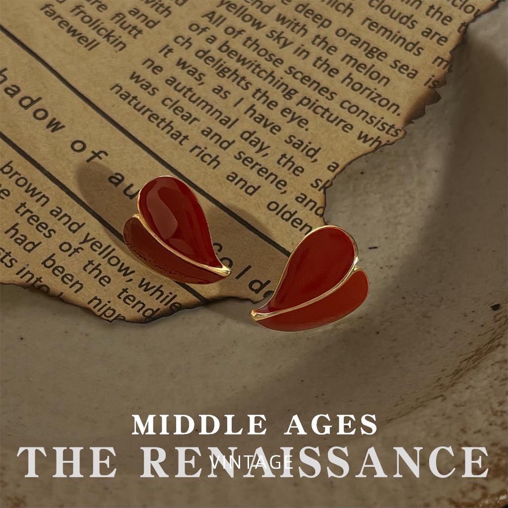 Vintage Burgundy Red Enamel Drop Earrings - Retro French Style Studs