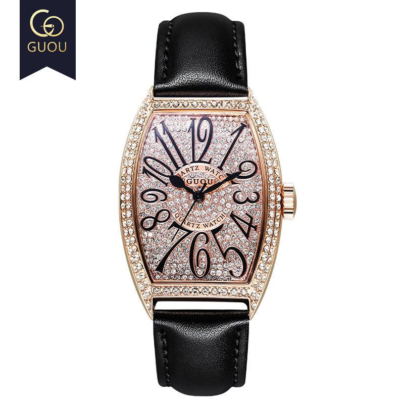 Watch Men's Business Style Atmospheric Rhinestone Watch Barrel-shaped Large Dial Watch Genuine Leather Belt Waterproof Men's Watch