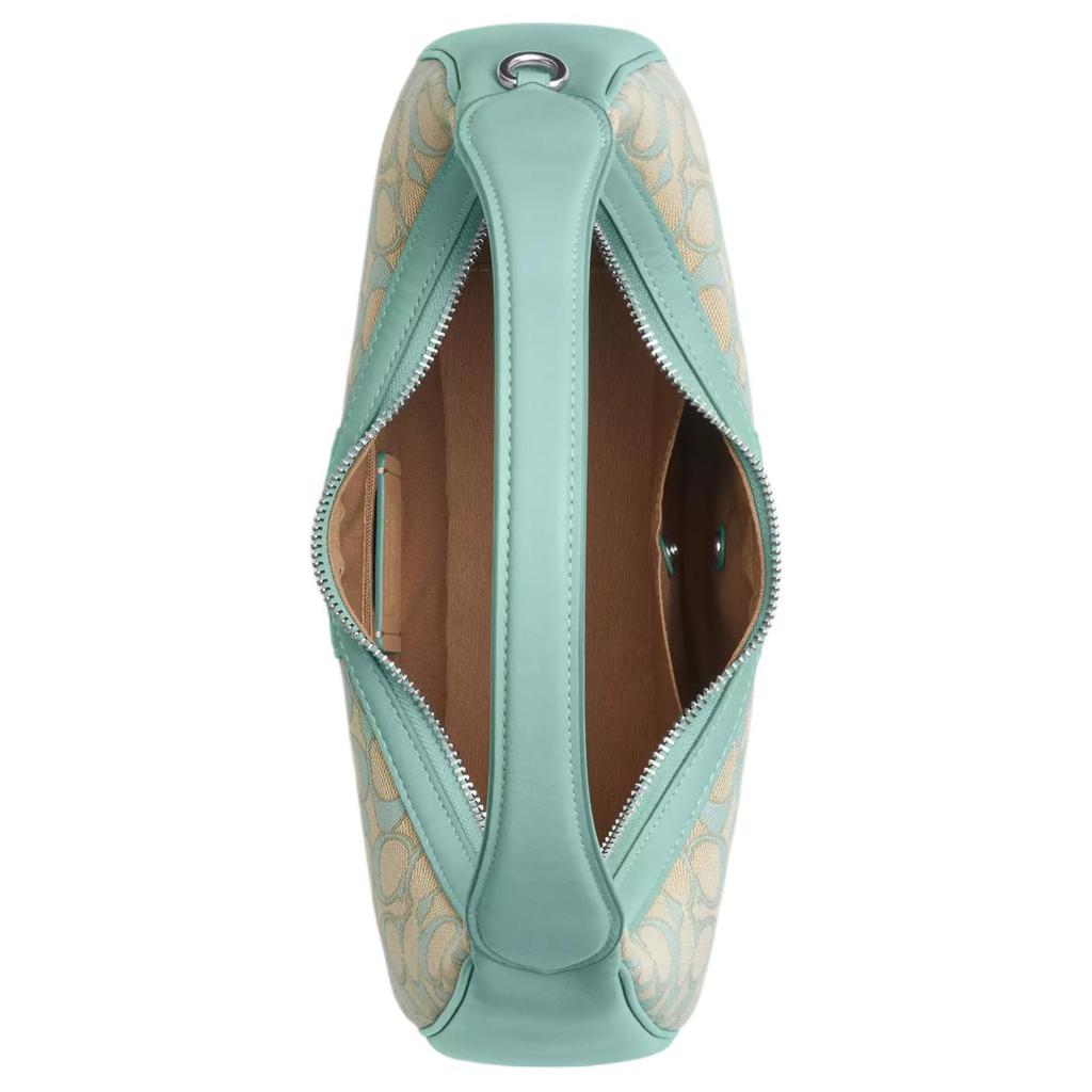 Coach Кармен 29 Signature Жаккард Застежка-молния Гладкая кожа Сумка-тоут Сумка через плечо Большая женская сумка Серебристо-выцветший синий CT765-SVVSW