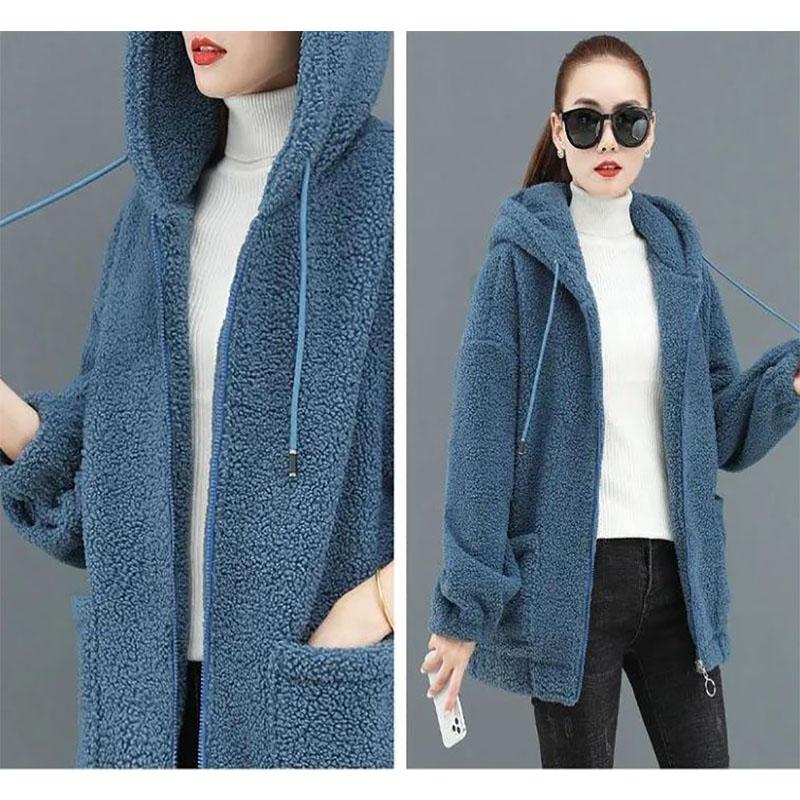 Осенне-зимняя женская бархатная куртка из ягненка, плотная и свободная куртка большого размера с капюшоном и длинными рукавами на молнии