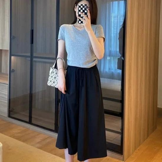 Женские широкие брюки из ледяного шелка с высокой талией — летние, утягивающие, в корейском стиле, свободный крой, подходят для фигуры типа «груша», юбка-брюки на завязках