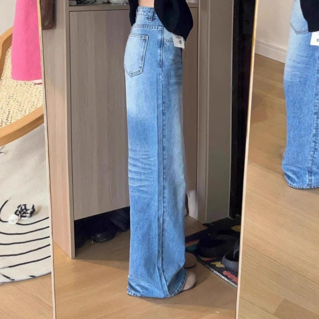 2025 American Style High-Waisted Medium Blue Wide-Leg Jeans - Women's Summer Slimming, Hip-Lifting & Flaw-Hiding.