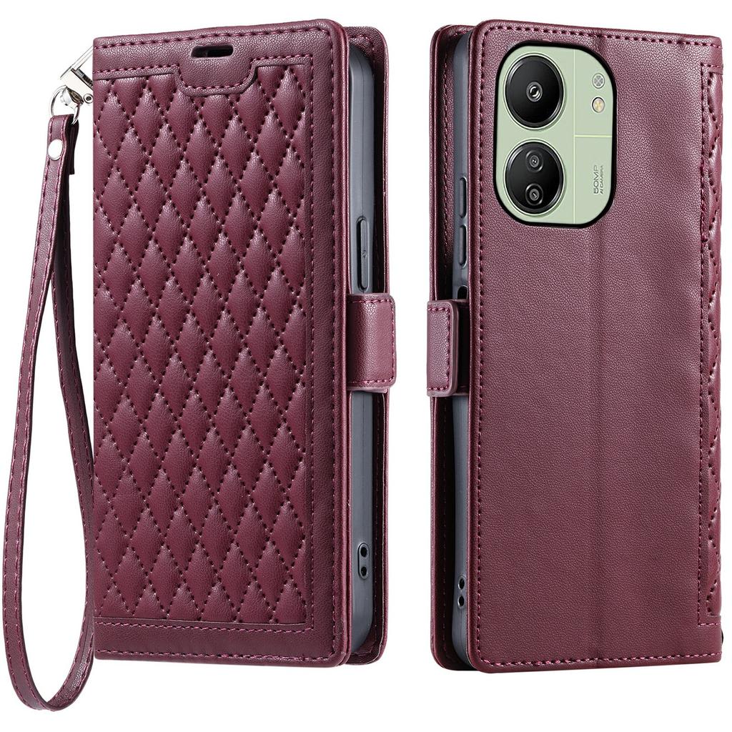 Leather Case For Xiaomi Redmi 13C 5G/4G/13R 5G/Poco C65 4G Rhombus Texture Wallet Stand Phone Cover with Wrist Strap