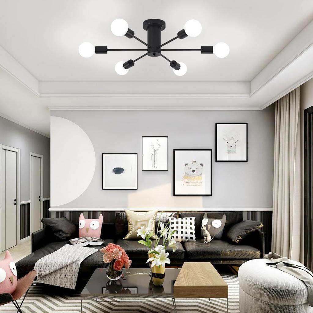 6-Lights Modern Chandelier Ceiling Light Black Industrial Semi Flush Mount Celing Light Fixture for