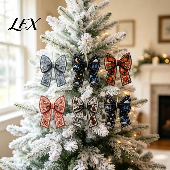 Decorative Bow Shaped Ornaments 24Pcs Christmas Advent Calendar with Retro 2D Flat Acrylic Ornaments, Artistic Pattern Holiday Countdown Set for Tree