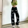 Fashion Women Butterfly Print Slim Jeans Straight High Waist Casual Trousers