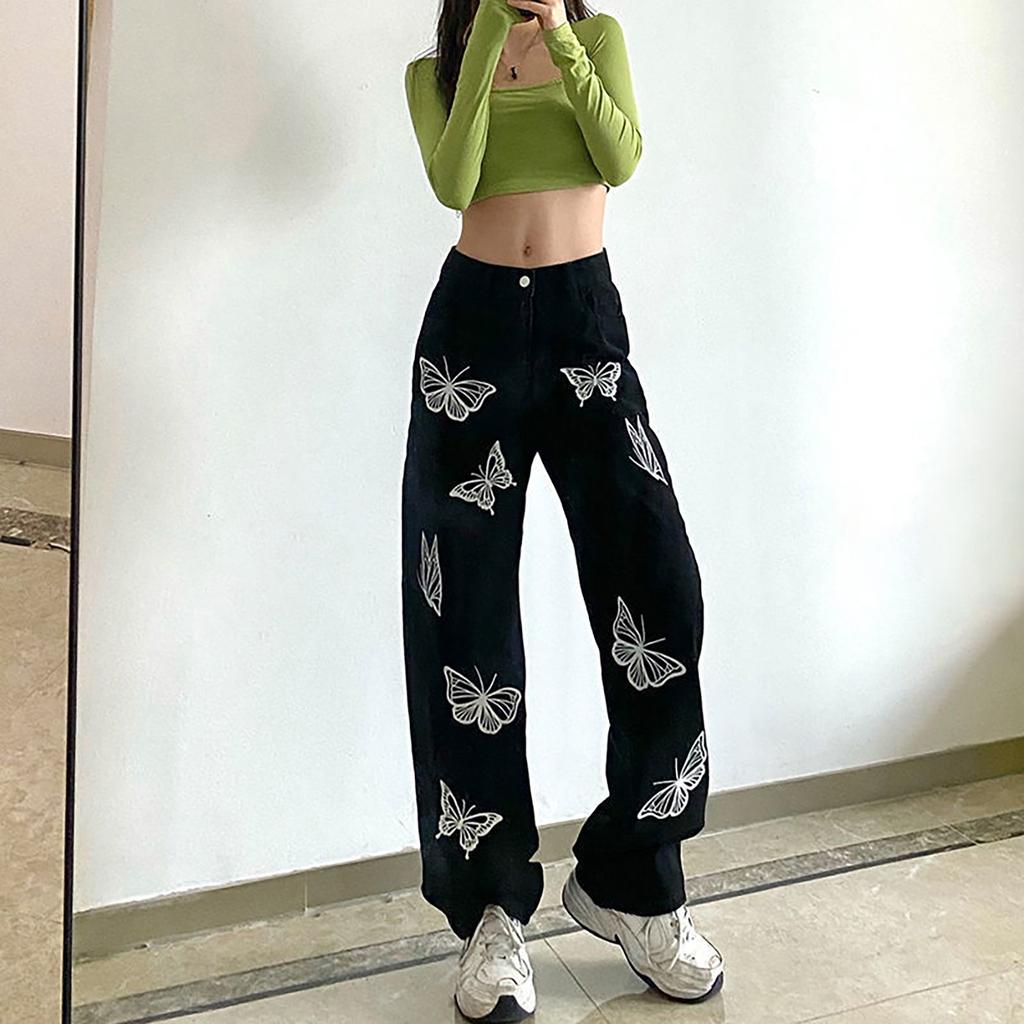 Fashion Women Butterfly Print Slim Jeans Straight High Waist Casual Trousers