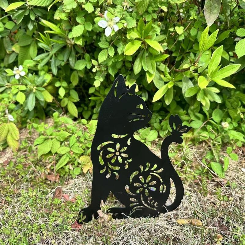 1/2Pcs Metal Cat Garden Decors Black Cat Silhouettes Outdoor Cat Stakes for Outdoor Animal Sculpture Decorations