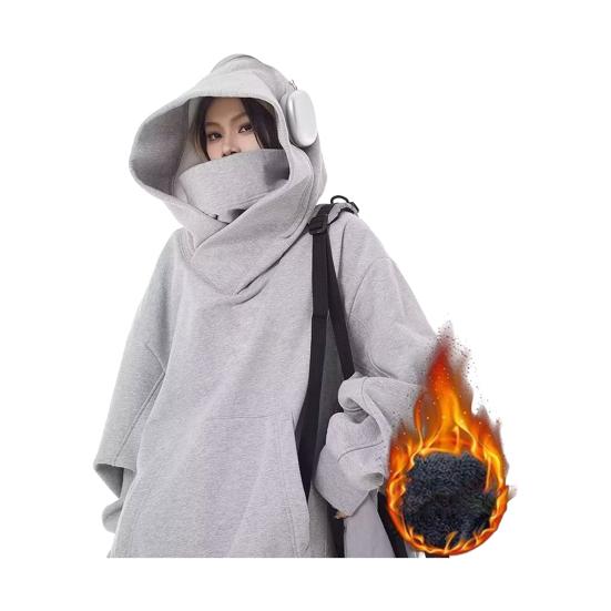 Fall Winter Men Hoodie Oversize Hooded Long Sleeves Pure Color Hip Hop High Collar Big Patch Pocket Elastic Cuff Mid Length Warm Top