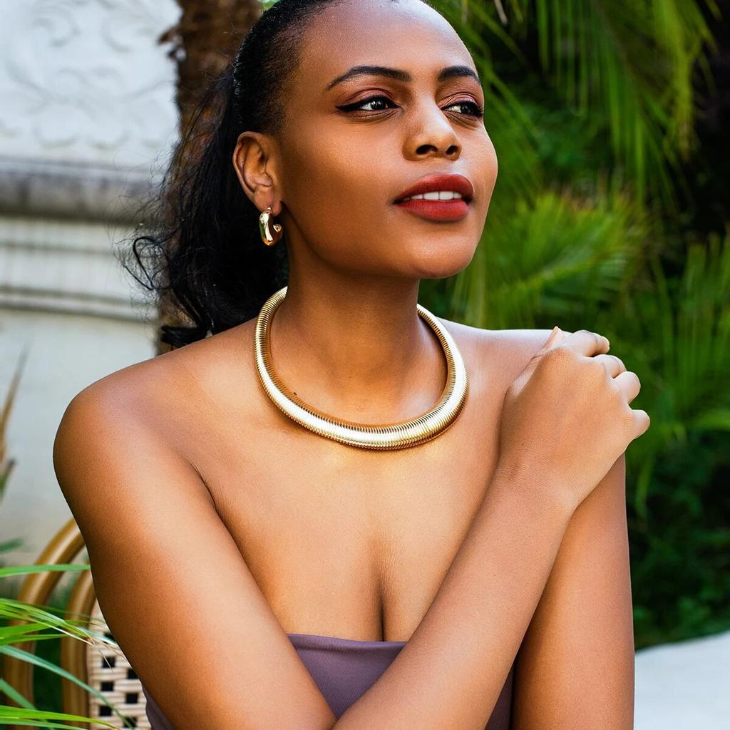 IngeSight.Z преувеличенное массивное полосатое плоское ожерелье со змеиным воротником, женское винтажное ожерелье золотого цвета с широким металлическим колье в африканском племени