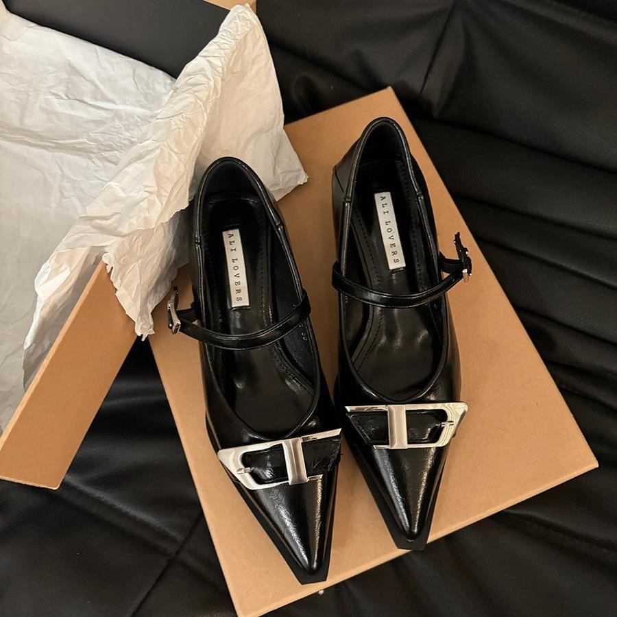 Ретро-туфли на толстом каблуке, женские туфли, новинка 2024 года, весна-осень-зима, вечерние туфли Мэри Джейн с острым носком, маленькие кожаные туфли