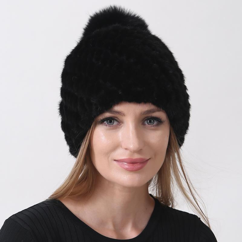 Natural Mink Fur Hats for Women Knitted Warm Thick Winter Hat