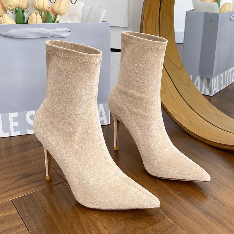 High-heeled short boots women's autumn and winter temperament socks boots thin-heeled pointed French suede elastic thin boots