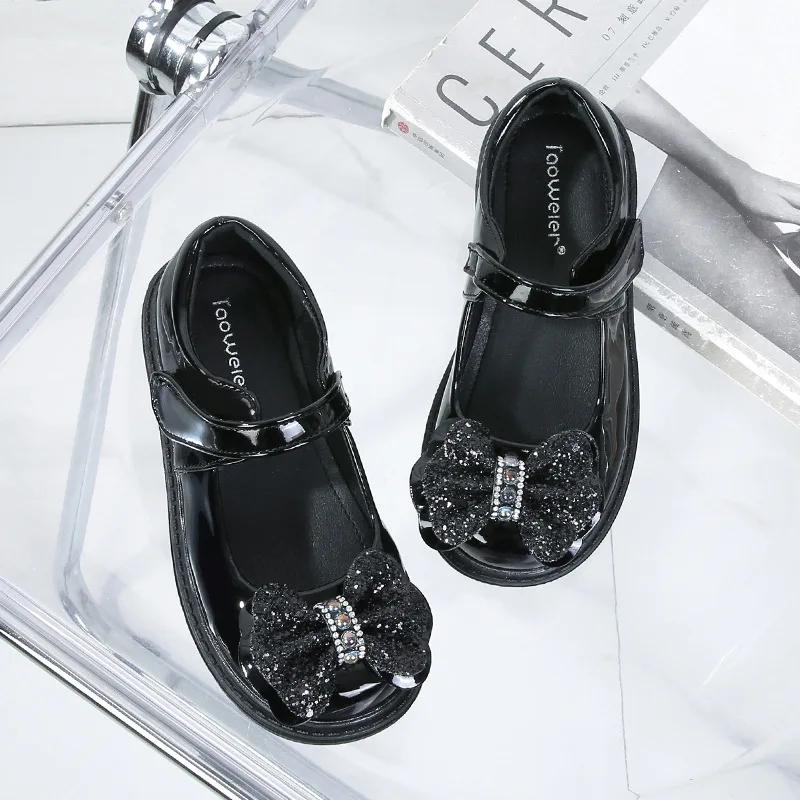 Детские кожаные туфли весна осень черные школьные туфли для девочек глянцевый PU галстук-бабочка детские принцесса повседневные туфли Мэри Джейн универсальные
