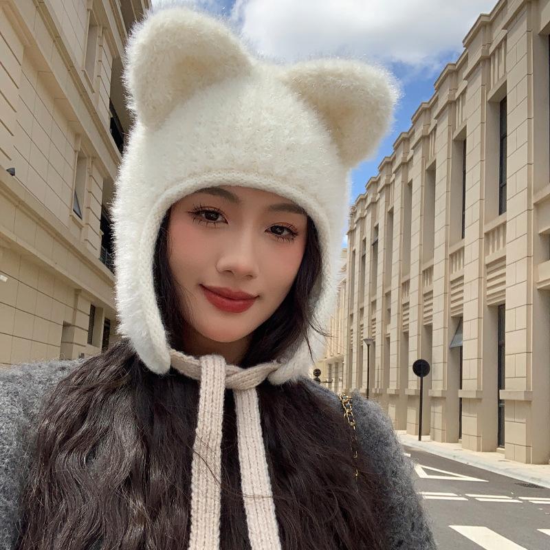Новая шапка женская забавная ушка однотонная вязаная шерстяная шапка зимняя теплая плюшевая защитная шапка толстая