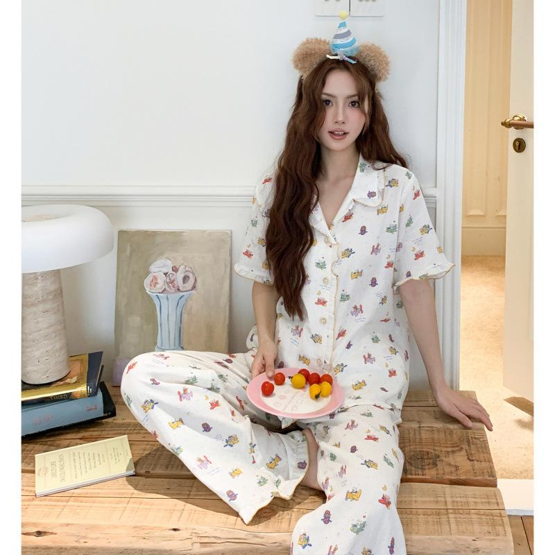 Casual style pure cotton cartoon bear printed pajamas women's spring and summer new lapel can be worn outside short-sleeved loungewear set