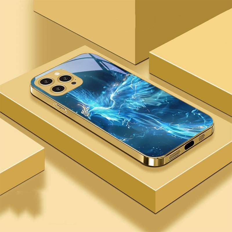 Золотой Феникс Раскрывающийся Для iPhone 16 Pro Max 15 P Ro 14 13 Plus 12 Mini 11Pro Max XS Max XR Золотой Чехол для Телефона из Закаленного Стекла